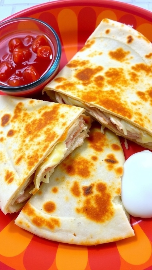 Sliced chicken quesadilla with melted cheese and chicken, served with salsa and sour cream.